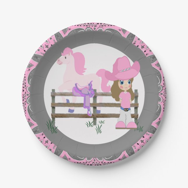 Western Party Kleines Cowgirl Pferd und Sattel Pappteller (Vorderseite)