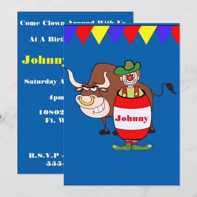 Western Party Rodeo Clown mit Bull personalize Einladung (Vorne/Hinten)