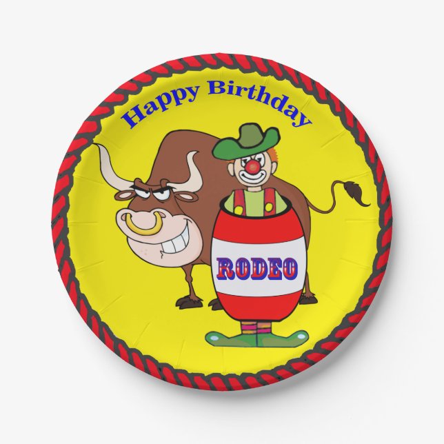 Western-Party-Rodeo-Clown-und Stiers alles Gute Pappteller (Vorderseite)