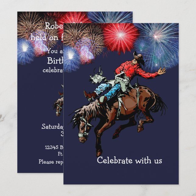 Western Party Rodeo Cowboy Bronc Rider Blau Einladung (Vorne/Hinten)