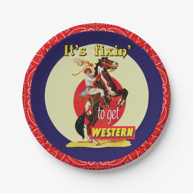 Western Party Vintag Cowgirl Fixin' Get Wester Pappteller (Vorderseite)