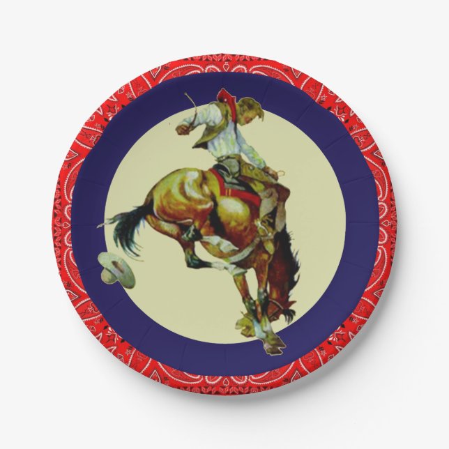 Western Party Vintag Rodeo Cowboy Bucking Pferd Pappteller (Vorderseite)