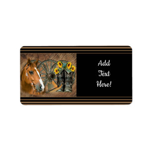 Western-Pferd-Cowboy-Stiefel Cowboyhut Wagenrad  Adressaufkleber