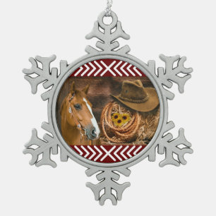 Western-Pferd Cowboy-Stiefel Cowboyhut Wagenrad Schneeflocken Zinn-Ornament