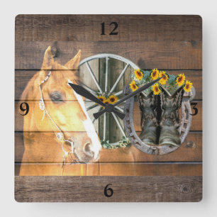 Western Pferdewagen Rad Hufeisen Cowboystiefel Quadratische Wanduhr
