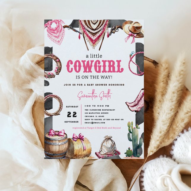 Western Pink Aquarell Kinderdusche Einladung (Western Pink Wild West Country Watercolor Coquette Cowgirl Rodeo Baby Shower Invitation)