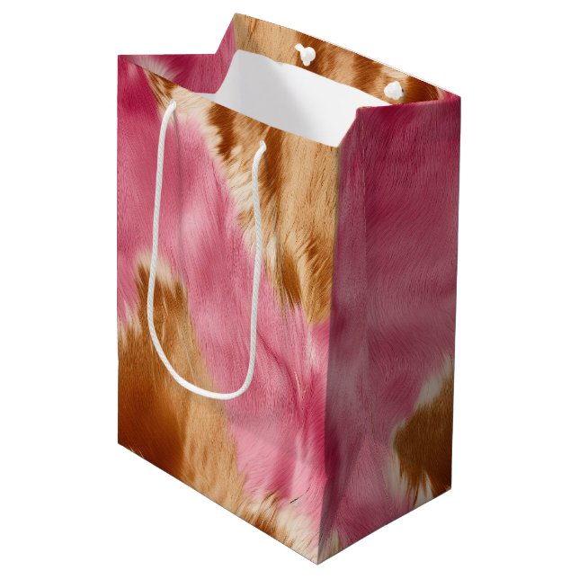 Western Pink Brown Cream Cowgirl Cowhide Mittlere Geschenktüte (Vorderseite Schrägansicht)