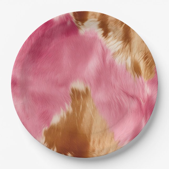 Western Pink Brown Cream Cowgirl Cowhide Pappteller (Vorderseite)
