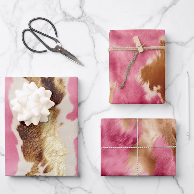 Western Pink Creme Gold Cowgirl Cowhide Geschenkpapier Set (Vorderseite)
