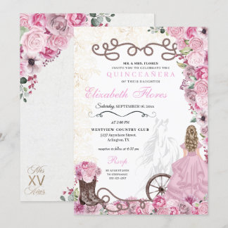 Western Pink Princess Floral Charra Quinceañera Einladung