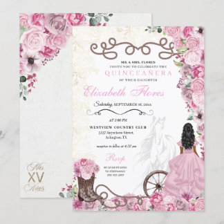 Western Pink Princess Floral Charra Quinceañera Einladung
