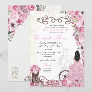 Western Pink Princess Floral Charra Quinceañera Einladung