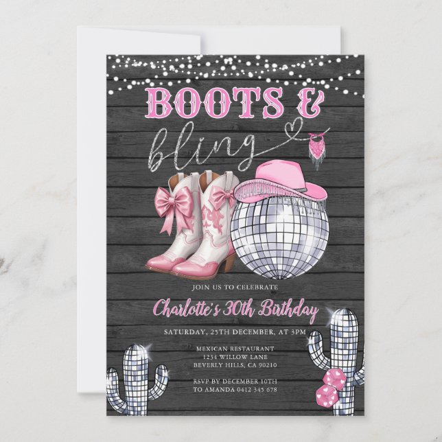 Western Pink Stiefel & Bling Cowgirl Cactus Birthd Einladung (Vorderseite)