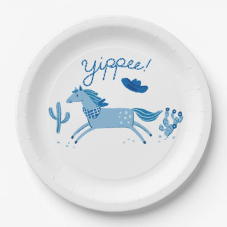 Western Pony Geburtstagseinladung Blau Pappteller