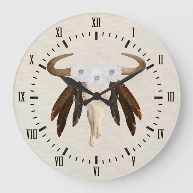 Western Prairie Floral Cow Skull Roman Numerals Große Wanduhr (Vorderseite)