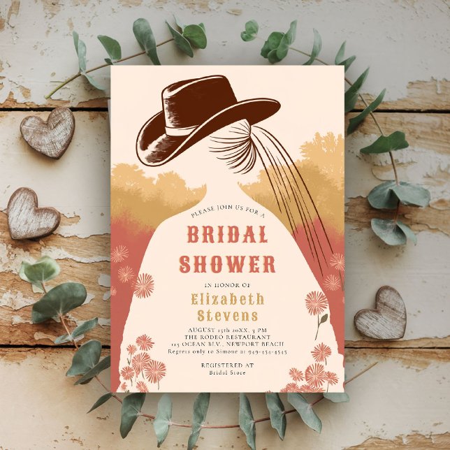 Western Prairie Wildblumen Rustikales Brautparty Einladung (western bridal shower invitation prairie wildflowers cowgirl cowboy hat pink green modern)