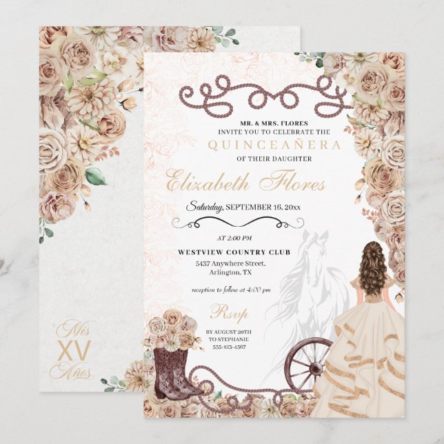 Western Princess Charro Quinceañera Einladung (Vorne/Hinten)