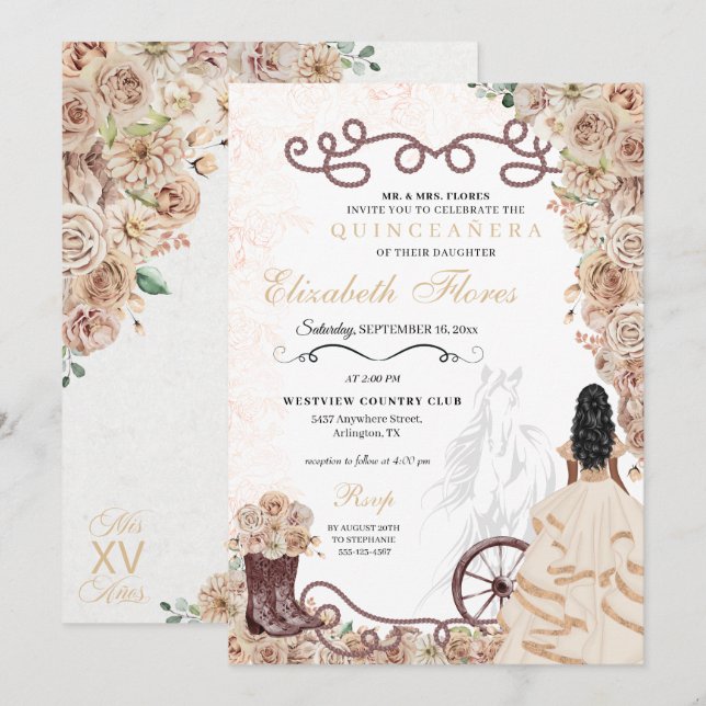 Western Princess Charro Quinceañera Einladung (Vorne/Hinten)