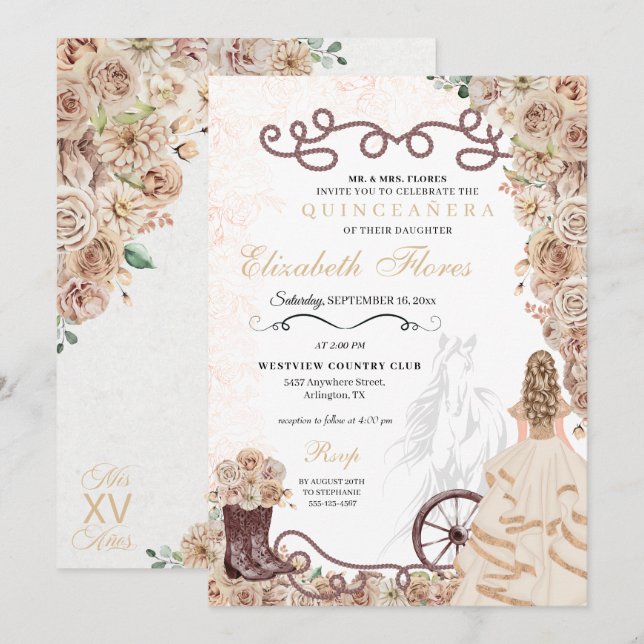 Western Princess Charro Quinceañera Einladung (Vorne/Hinten)