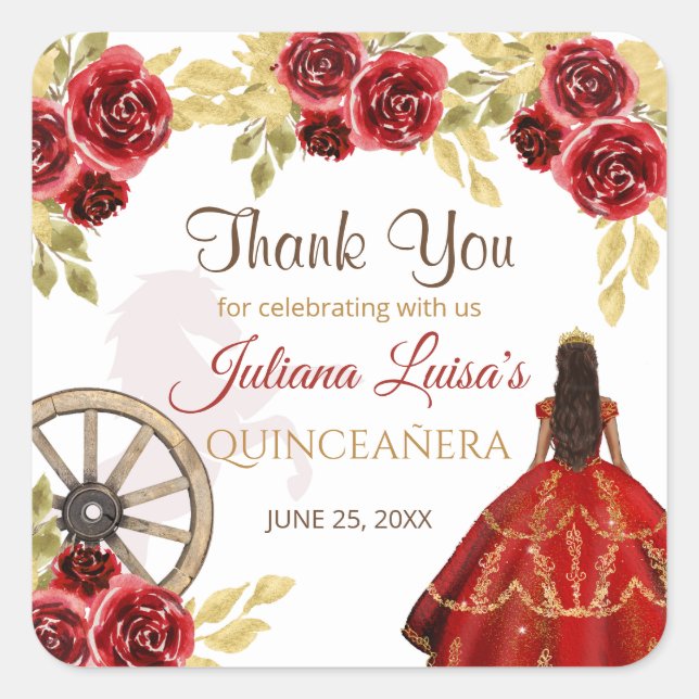 Western Quinceañera Bloral Red Gold Charra Crown Quadratischer Aufkleber (Vorderseite)