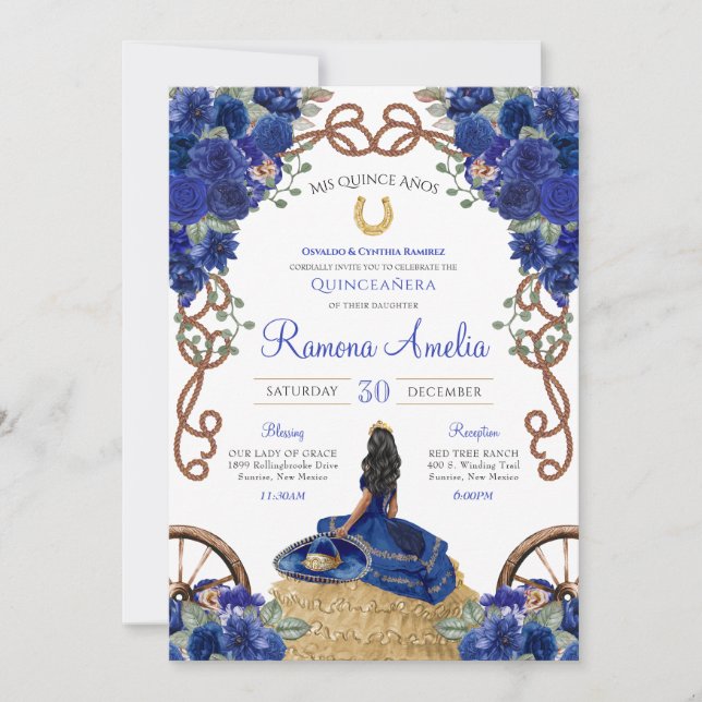 Western Quinceañera Blue Floral Charro Einladung (Vorderseite)