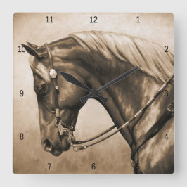 Western Ranch Pferd Altes Foto Sepia Quadratische Wanduhr