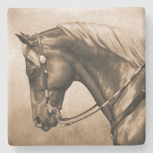 Western Ranch Pferd Altes Foto Sepia Steinuntersetzer (Vorderseite)