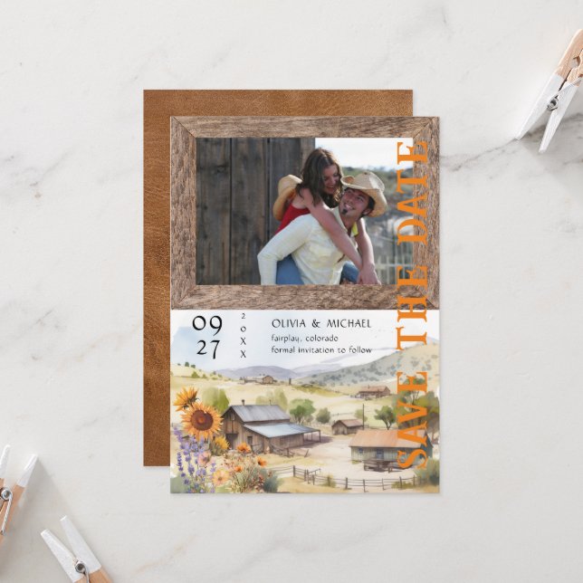 Western Ranch Wedding Foto Save the Date (Vorderseite/Rückseite Beispiel)