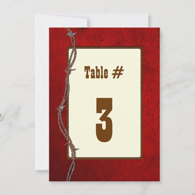 Western Red Leather Wedding Reception Tischnummer (Vorderseite)