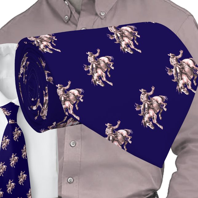 Western Rodeo Cowboy Bronc Rider Bronze in Blau Krawatte (Western Rodeo Cowboy Bronc Riding Men's Necktie Bareback Riding Bucking Horse)