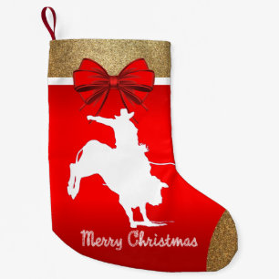 Western Rodeo Cowboy Bull Reiten auf Rot Kleiner Weihnachtsstrumpf