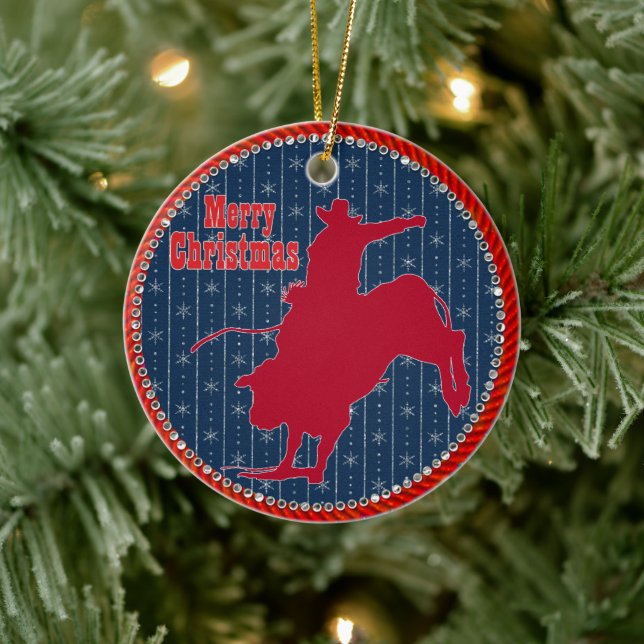 Western Rodeo Cowboy Bull Reiten Weihnachten Keramik Ornament (Baum)