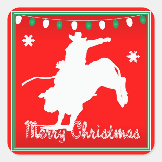 Western Rodeo Cowboy Bull Reiten Weihnachten Quadratischer Aufkleber (Vorderseite)