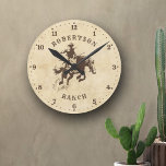 Western Rodeo Cowboy Country Personalisiert Runde Wanduhr<br><div class="desc">Diese personalisierte Western-Uhr macht einen großartigen Akzent für jeden Raum in Ihrer Zuhause. Es verfügt über einen Rodeo Cowboy,  der auf einem Vintagen Hintergrund einen buckligen Bronc reitet.</div>