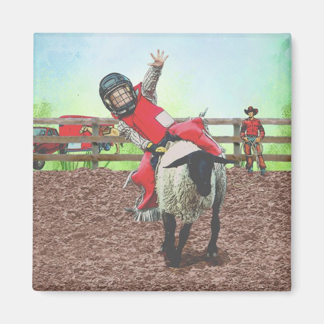 Western Rodeo Cowboy Cowgirl Mutton Busting Magnet (Vorne)
