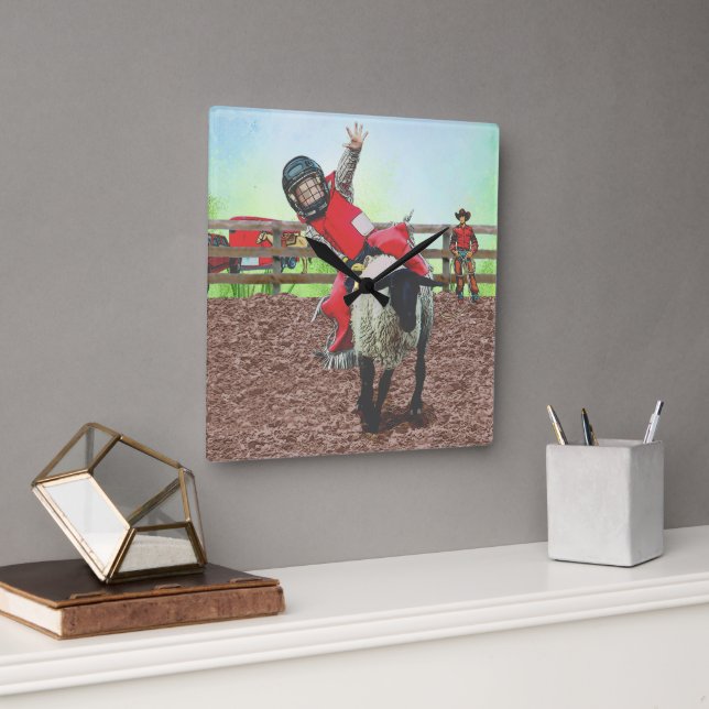 Western Rodeo Cowboy Cowgirl Mutton Busting Quadratische Wanduhr (Büro)