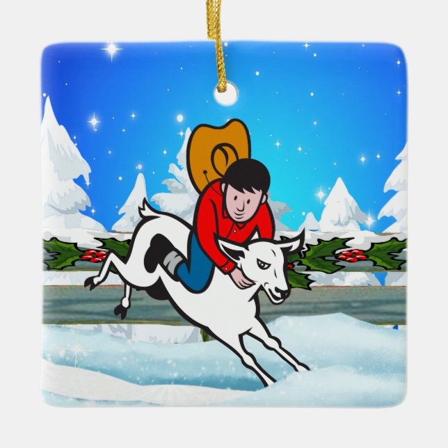 Western Rodeo Cowboy Kid Mutton Buster Snow Scene Keramikornament (Vorderseite)