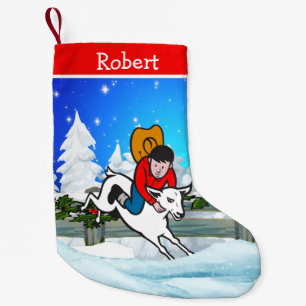Western Rodeo Cowboy Kid Mutton Buster Snow Scene Kleiner Weihnachtsstrumpf