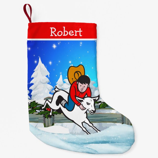 Western Rodeo Cowboy Kid Mutton Buster Snow Scene Kleiner Weihnachtsstrumpf (Vorderseite)