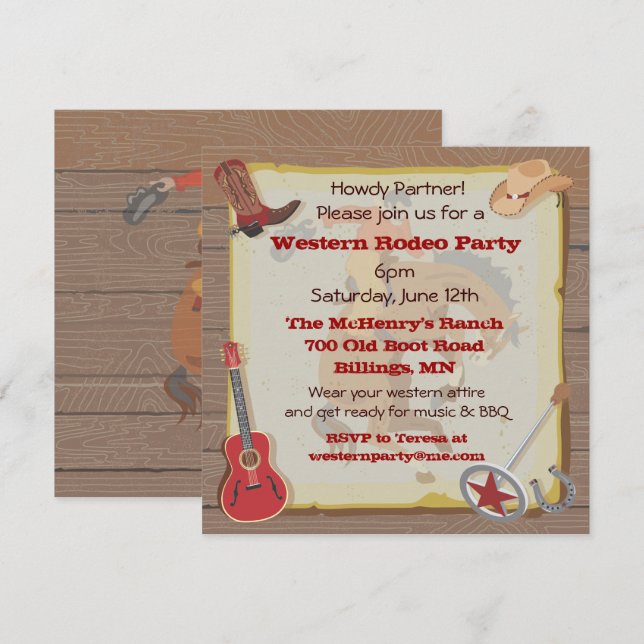 Western Rodeo Cowboy Party Einladung (Vorne/Hinten)