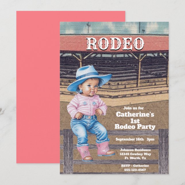 Western Rodeo Cowgirl 1. Geburtstag Einladung (Vorne/Hinten)