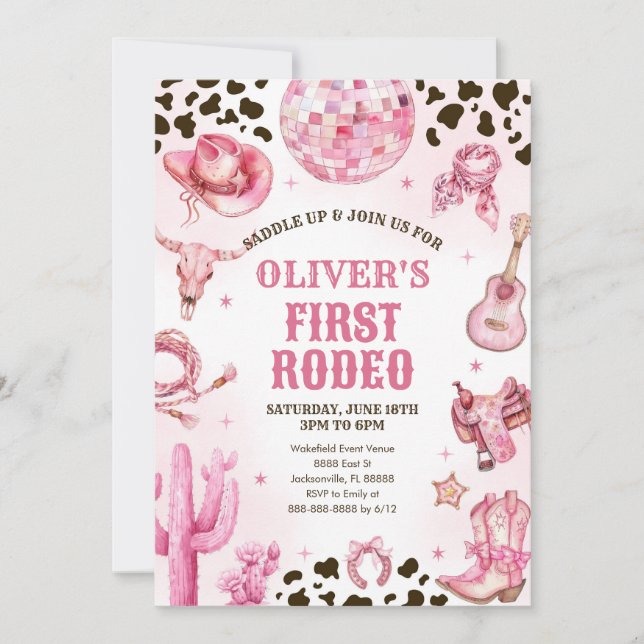 Western Rodeo Cowgirl First Rodeo 1st Birthday Einladung (Vorderseite)