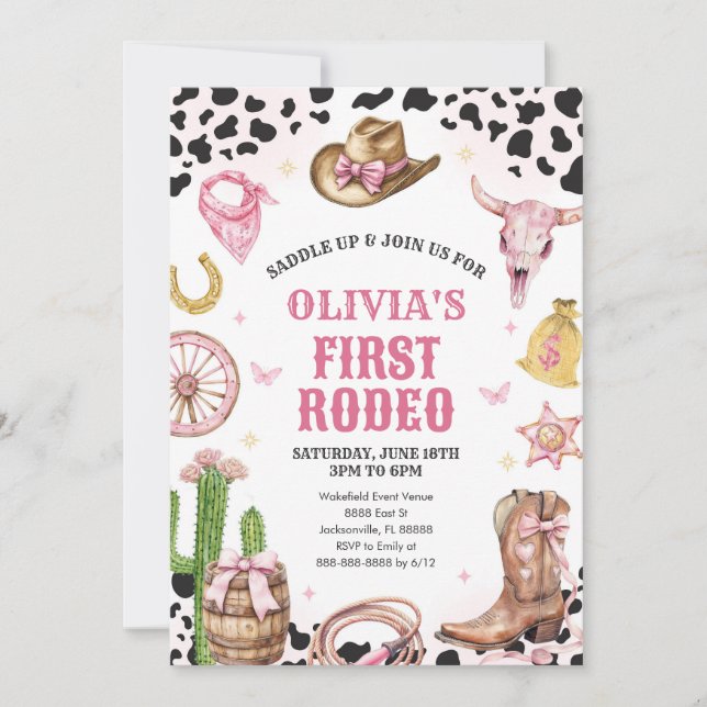 Western Rodeo Cowgirl First Rodeo 1st Birthday Einladung (Vorderseite)