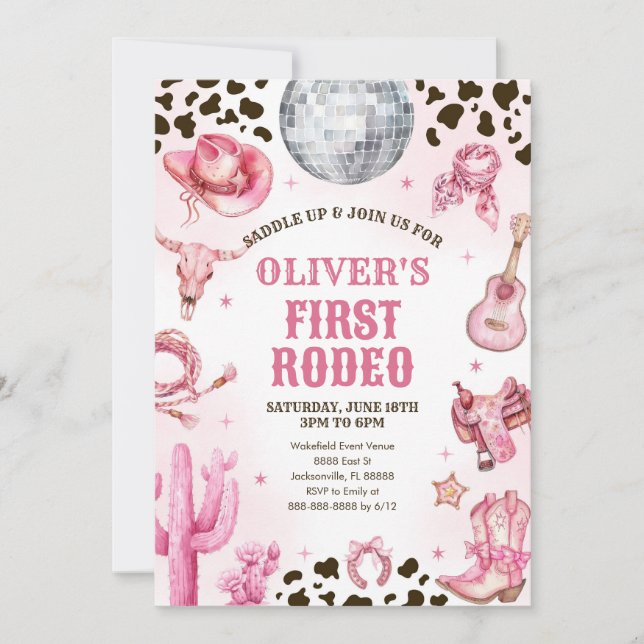 Western Rodeo Cowgirl First Rodeo 1st Birthday Einladung (Vorderseite)