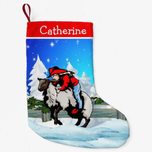 Western Rodeo Cowgirl Kid Mutton Buster Snow Scene Kleiner Weihnachtsstrumpf