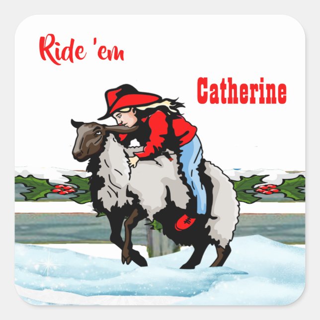 Western Rodeo Cowgirl Kid Mutton Buster Weihnachte Quadratischer Aufkleber (Vorderseite)