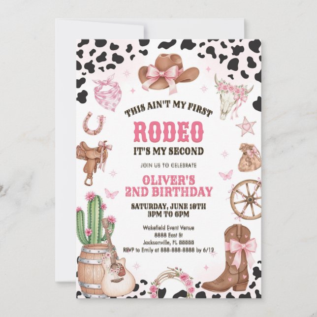 Western Rodeo Cowgirl Second Rodeo 2nd Birthday Einladung (Vorderseite)