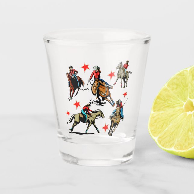 Western Rodeo Cowgirls auf Pferden Schnapsglas (Vorderseite)