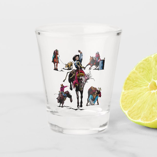 Western-Rodeo-Ereignis-Cowboy-Cowgirl-Pferde Schnapsglas (Vorderseite)