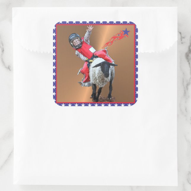Western Rodeo Mutton Busting Cowboy Kid Quadratischer Aufkleber (Tasche)